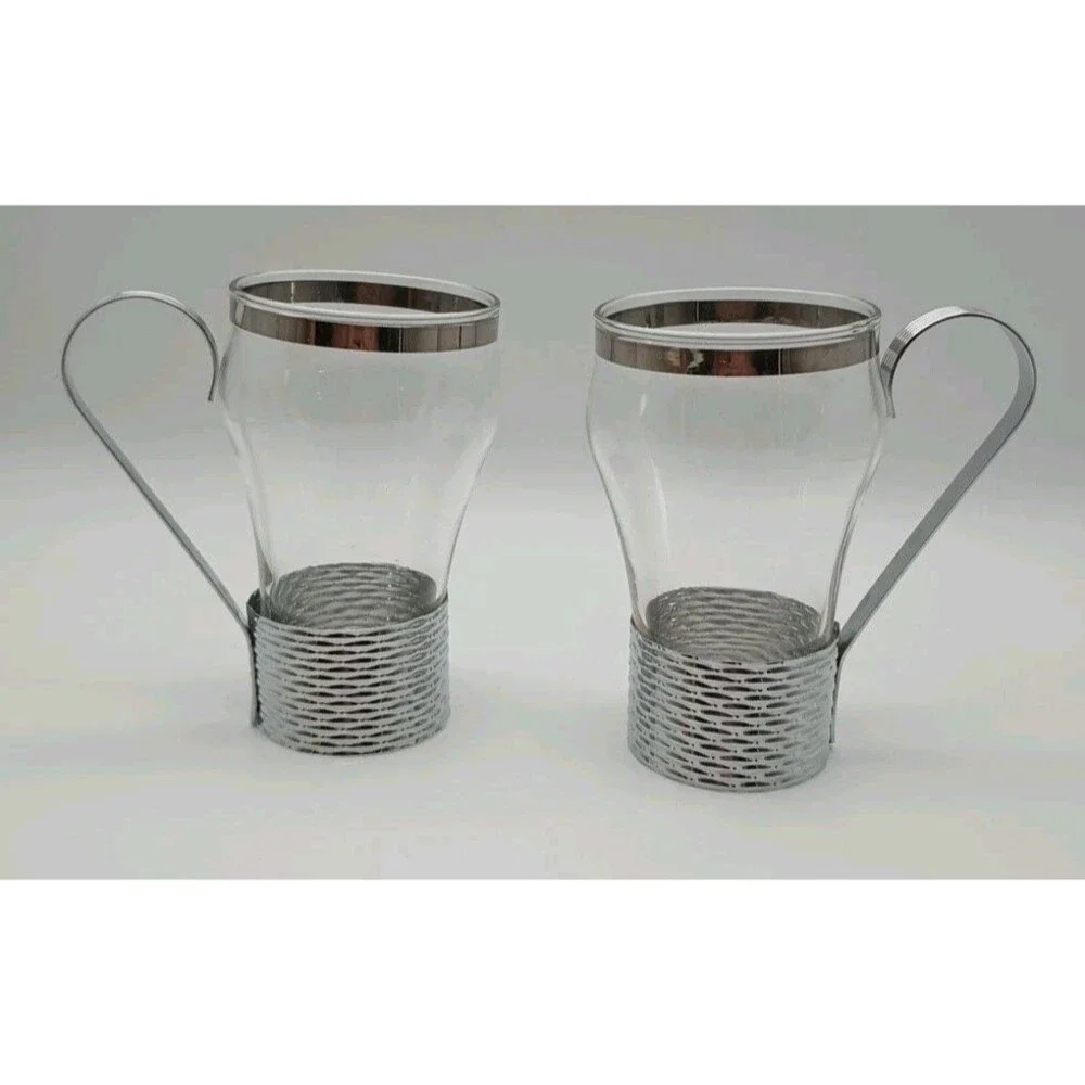 Vtg Federal Soda Fountain Glass Silver Basket Weave Holder Handle Removable
